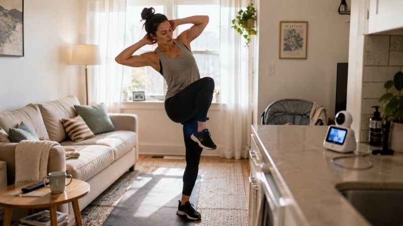 Busy mom doing a quick 10-minute HIIT workout at home between daily tasks
