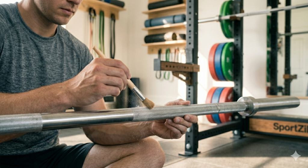 User cleaning chalk from a barbell knurling with a brush for maintenance