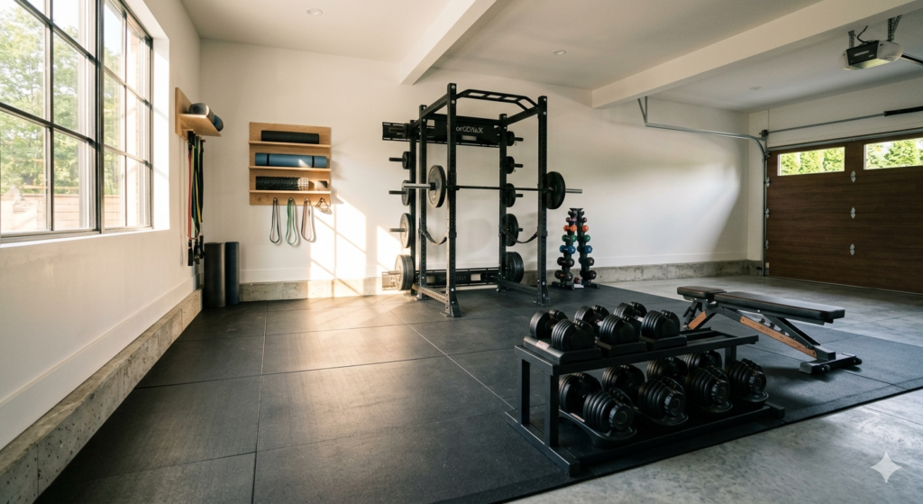 Modern sunlit garage home gym setup with power rack and organized dumbbells