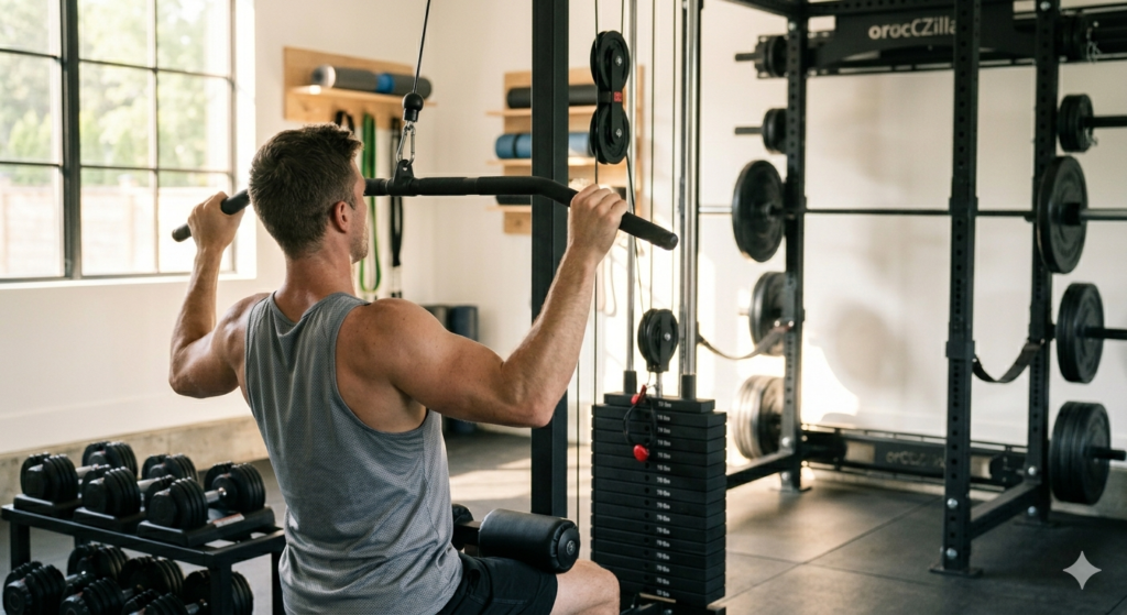 User performing lat pulldown on a compact home gym station in garage