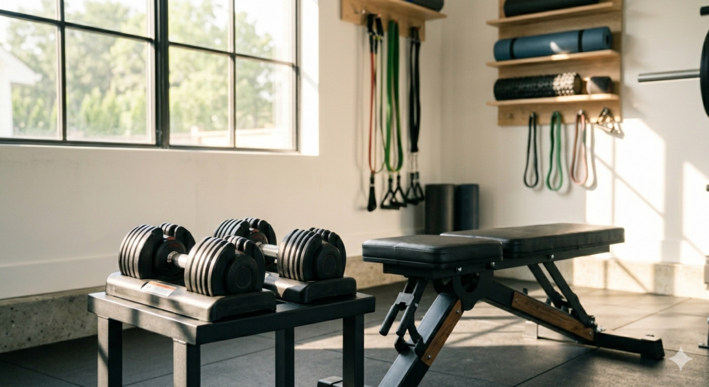 Modern home gym setup with adjustable dumbbells and a professional workout bench