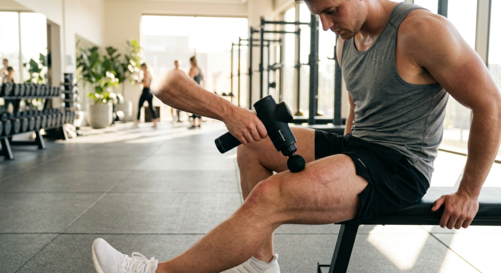 Athlete using professional massage gun on quads for deep tissue recovery in gym