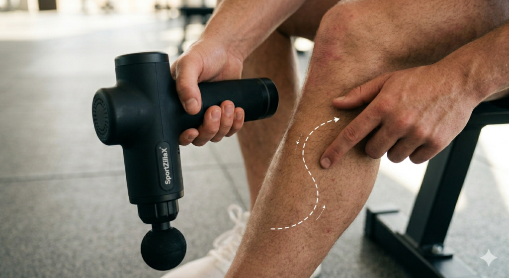 Close-up of floating technique for massage gun on calf muscle with directional arrows