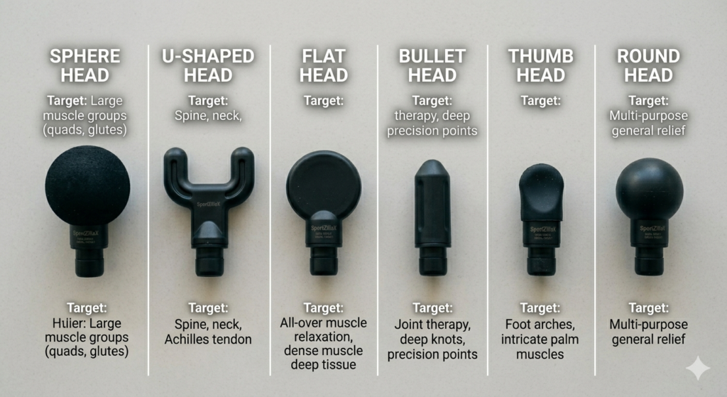Comparison of massage gun attachments: sphere, u-shaped, flat, and bullet heads with uses