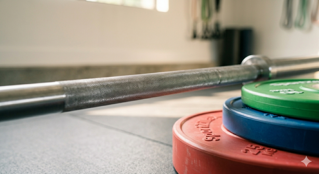 Close-up of Olympic barbell knurling and colorful rubber bumper plates