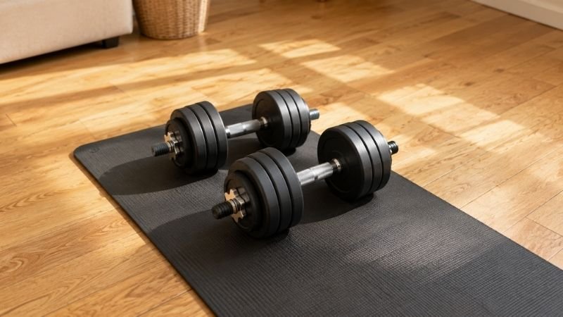 A pair of adjustable dumbbells on a yoga mat ready for home workout