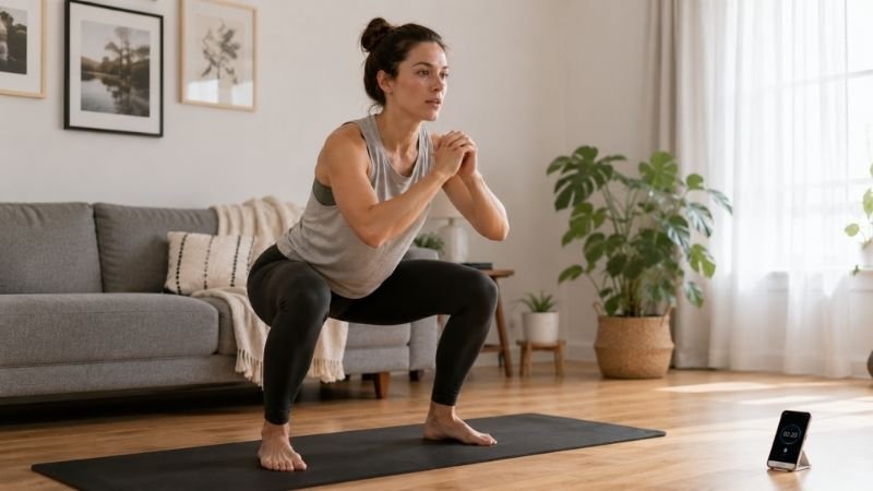 Beginner doing HIIT workout at home in living room with no equipment