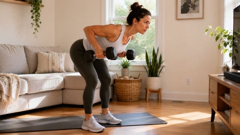 Woman doing dumbbell bent-over row exercise for back strength at home