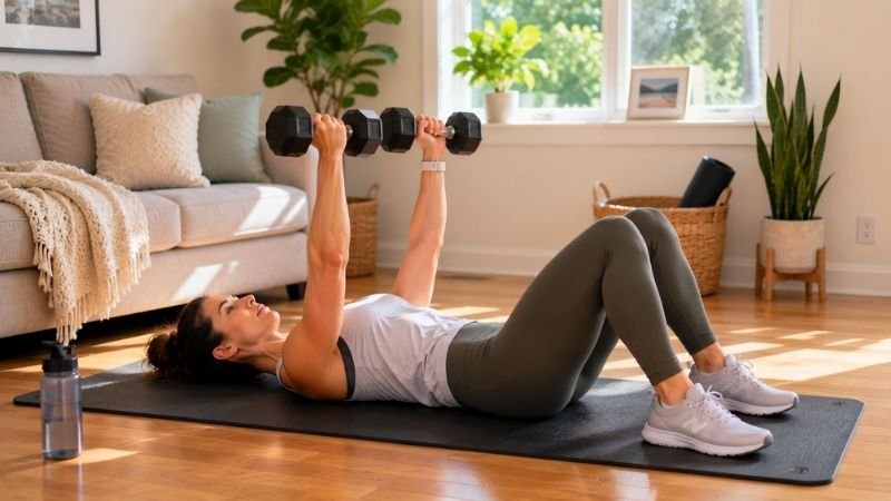 Woman doing dumbbell floor press at home as bench press alternative