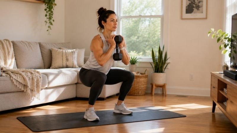 Woman performing dumbbell goblet squat with correct form during home workout