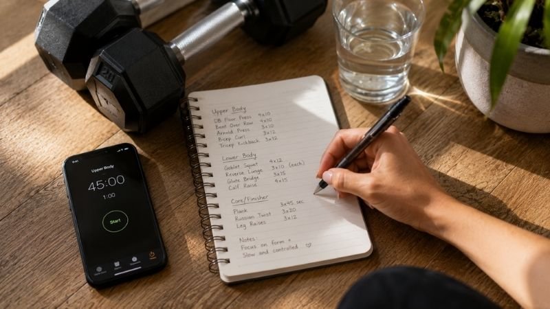 Person tracking dumbbell workout progress in notebook next to dumbbells at home