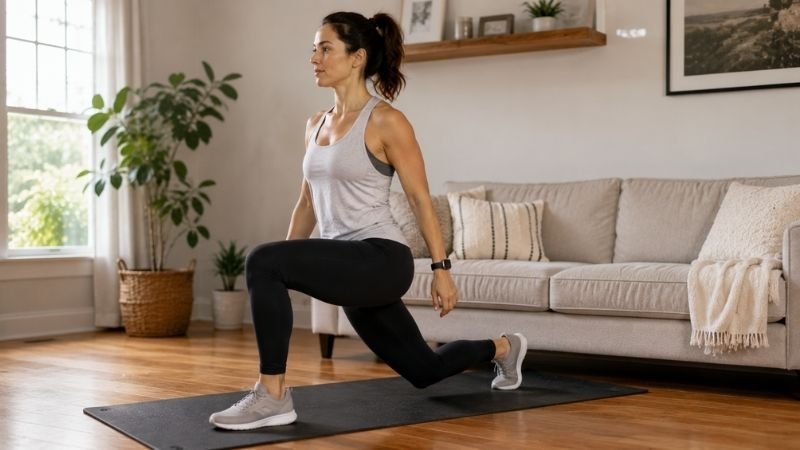 Woman doing bodyweight reverse lunge during home HIIT circuit workout