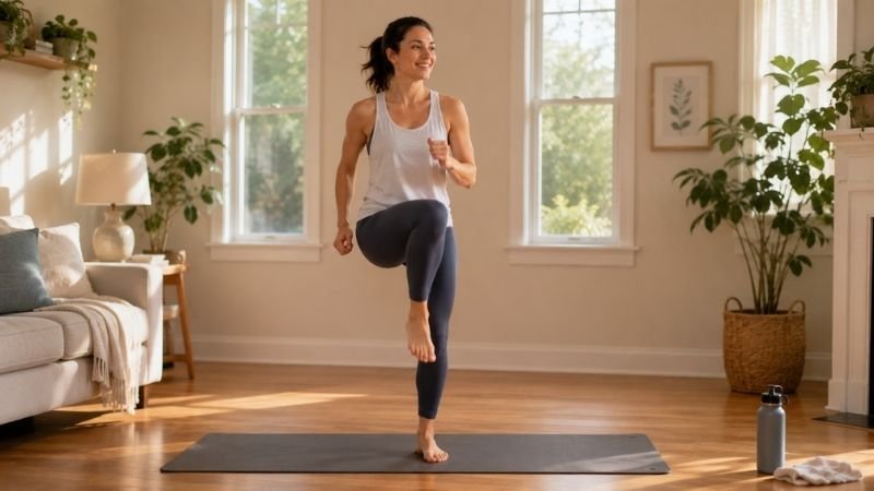 Woman warming up by marching in place before beginner HIIT workout at home
