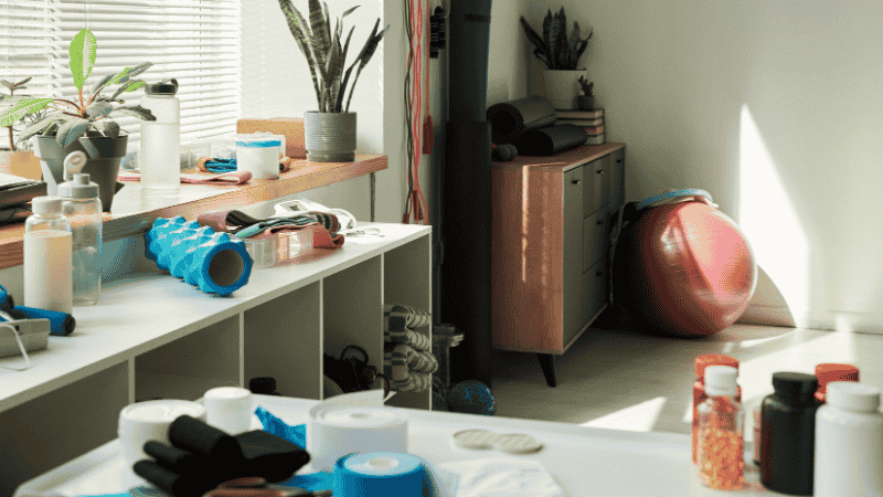 A minimalist home fitness setup in a small apartment living room featuring a high-density workout mat and a pair of adjustable dumbbells tucked neatly near a window.