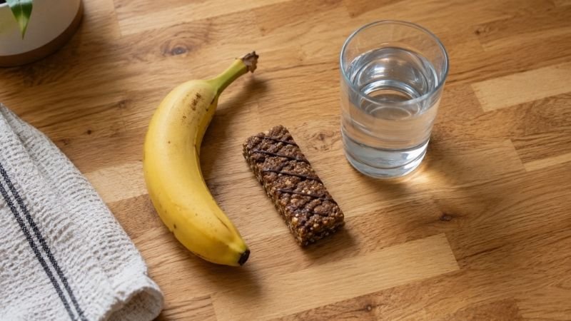 Healthy-looking post-workout snack on kitchen counter with protein bar and banana