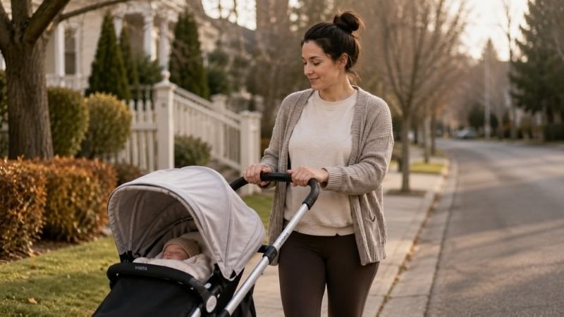 Mom recovering from C-section doing gentle walk outdoors during postpartum recovery