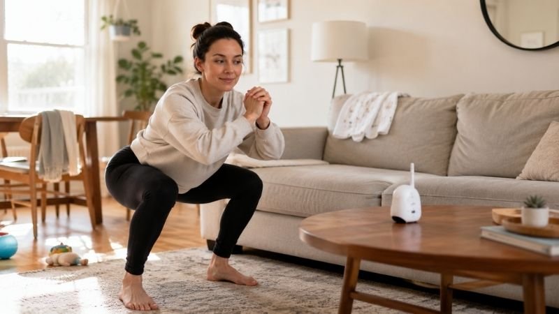 Mom squeezing in a quick postpartum workout during baby's nap time at home