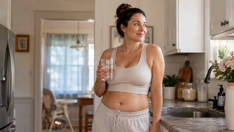Postpartum mom standing confidently in home, embracing realistic body recovery after baby