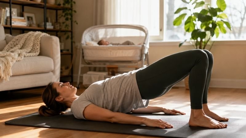 New mom doing gentle postpartum workout on yoga mat at home with baby nearby