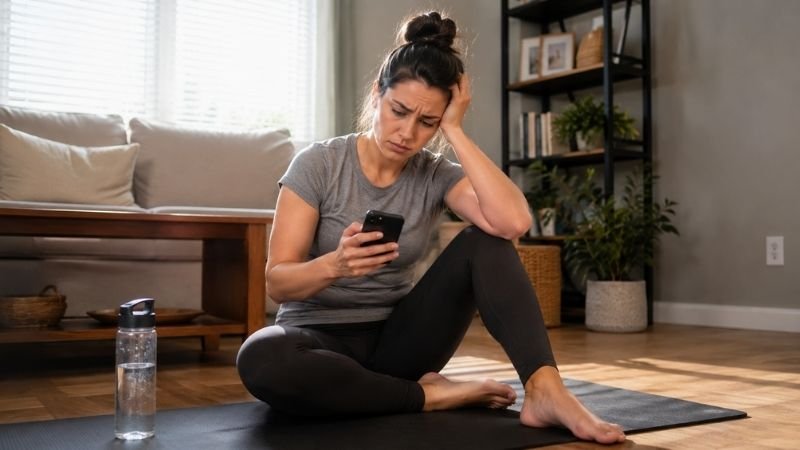 Woman doing home workout in living room, frustrated with weight loss progress