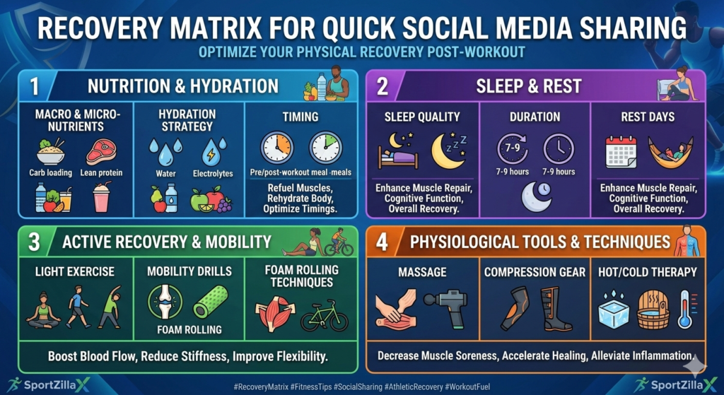 omprehensive recovery matrix infographic for 2026 athletes showing the correlation between wearable metrics and recommended recovery equipment.
