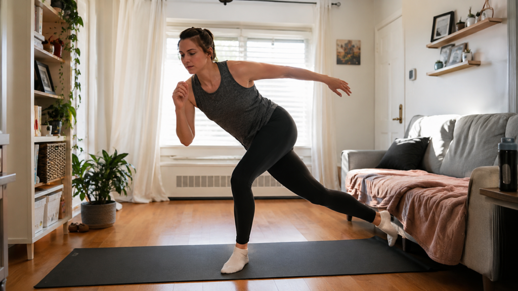 Woman doing low impact cardio standing workout at home without jumping for apartment