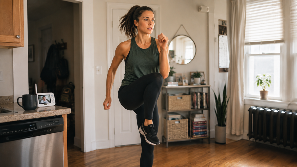 Busy mom doing quick 10 minute cardio workout at home between daily tasks