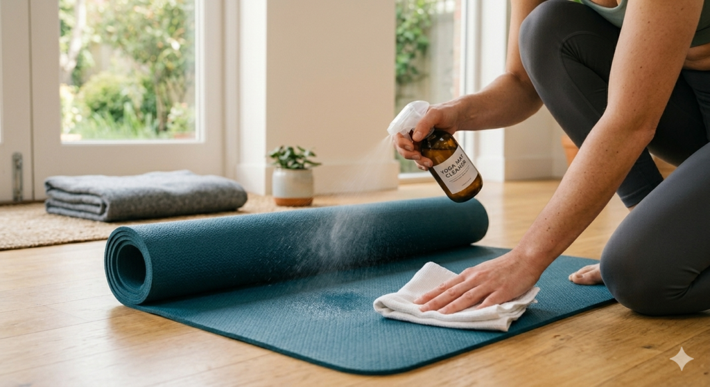 Step-by-step guide on how to clean a yoga mat using a DIY natural spray.
