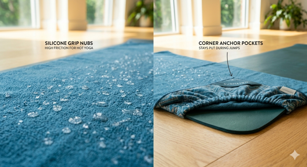 Close-up of silicone grip nubs and corner anchor pockets on a hot yoga mat towel.