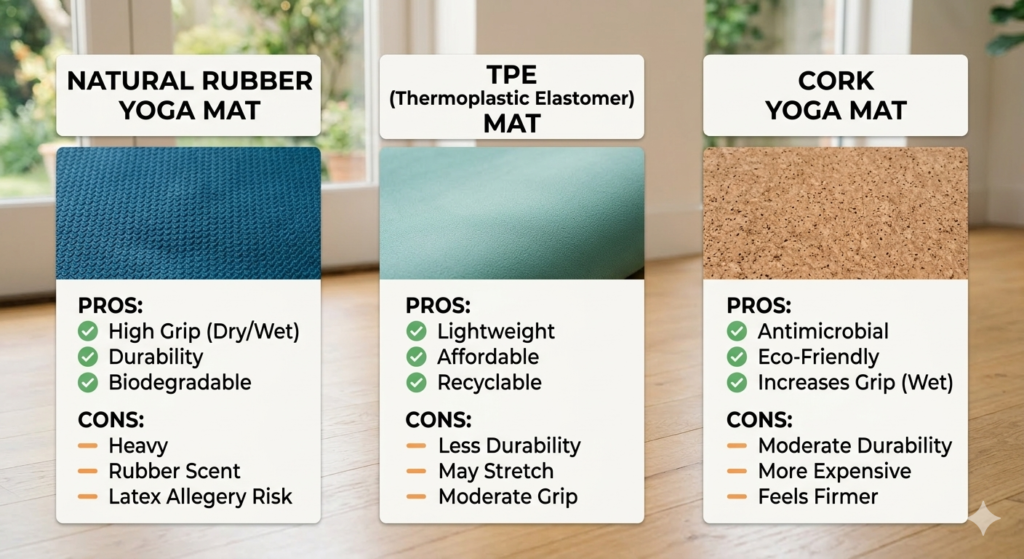 Comparison of yoga mat materials: Natural Rubber vs. TPE vs. Cork textures.