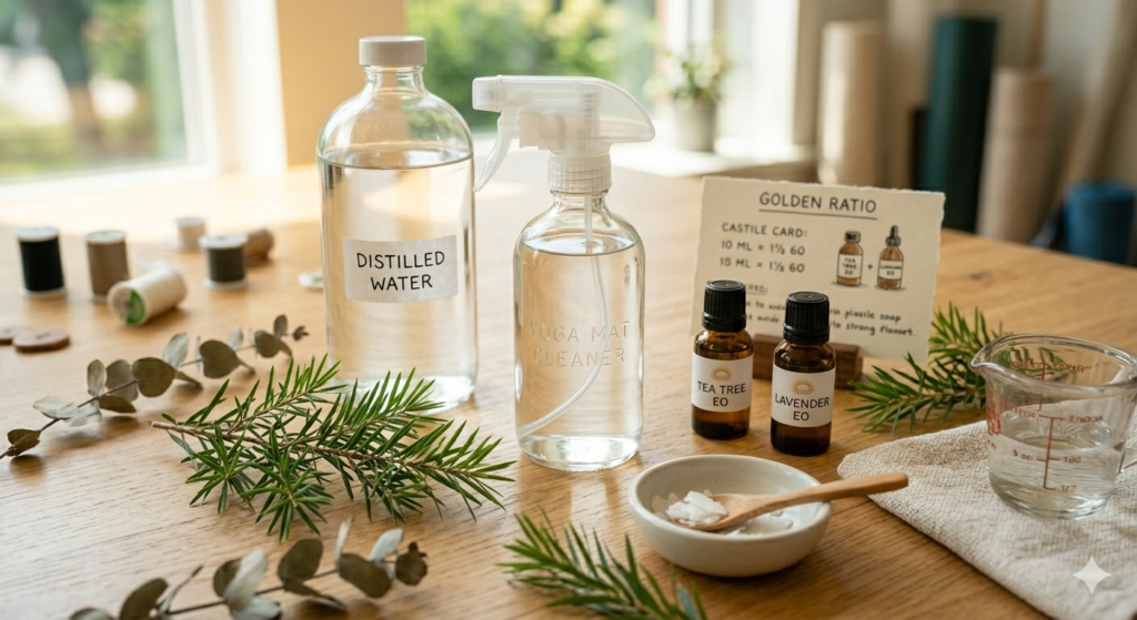 Natural ingredients for a diy yoga mat cleaner including tea tree oil and lavender.