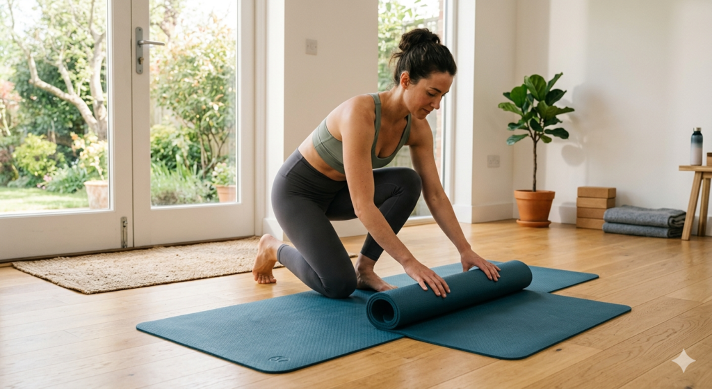 A person unrolling a premium yoga mat in a sunlit home gym studio.
