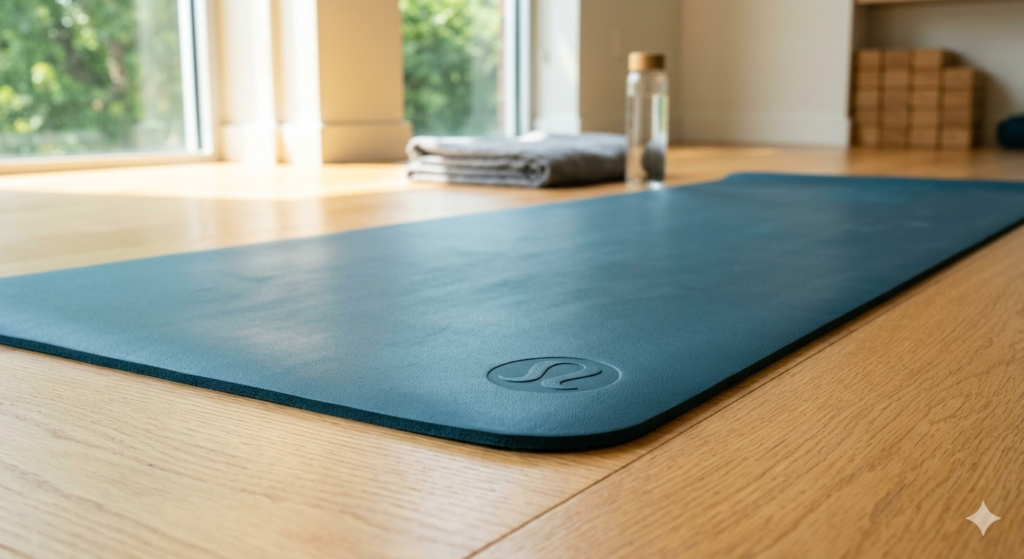 A premium Lululemon yoga mat unrolled in a sunlit professional yoga studio.