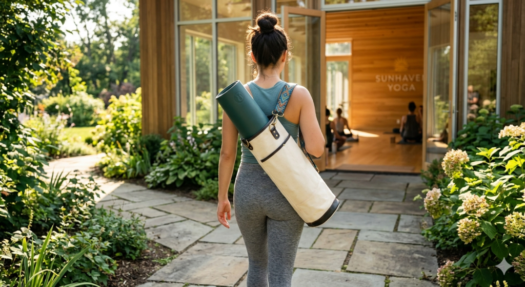 A person carrying a stylish and durable yoga mat bag walking toward a yoga studio.