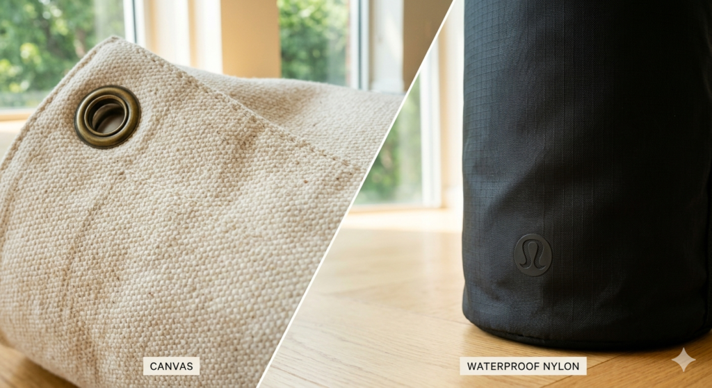 Comparison of canvas vs. nylon materials for a yoga mat yoga bag.