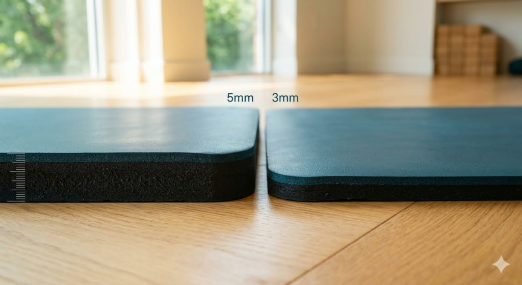Side-by-side thickness comparison of 5mm vs 3mm Lululemon yoga mats.