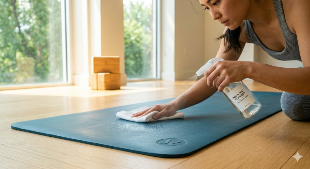Hand cleaning a Lululemon yoga mat with a natural spray and microfiber cloth.
