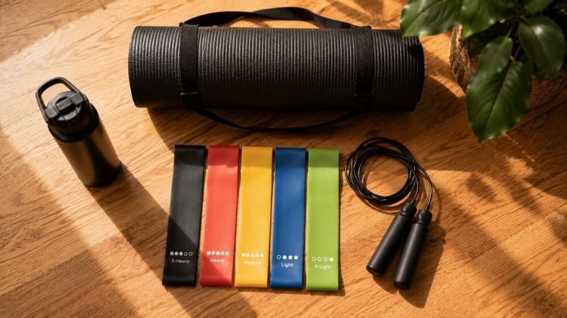 Complete home gym setup with adjustable dumbbells and resistance bands in apartment corner