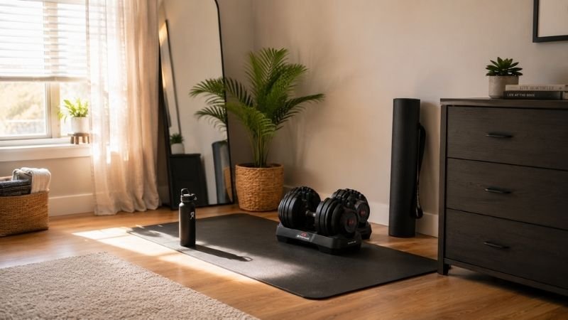 Compact home gym setup with adjustable dumbbells replacing full dumbbell rack