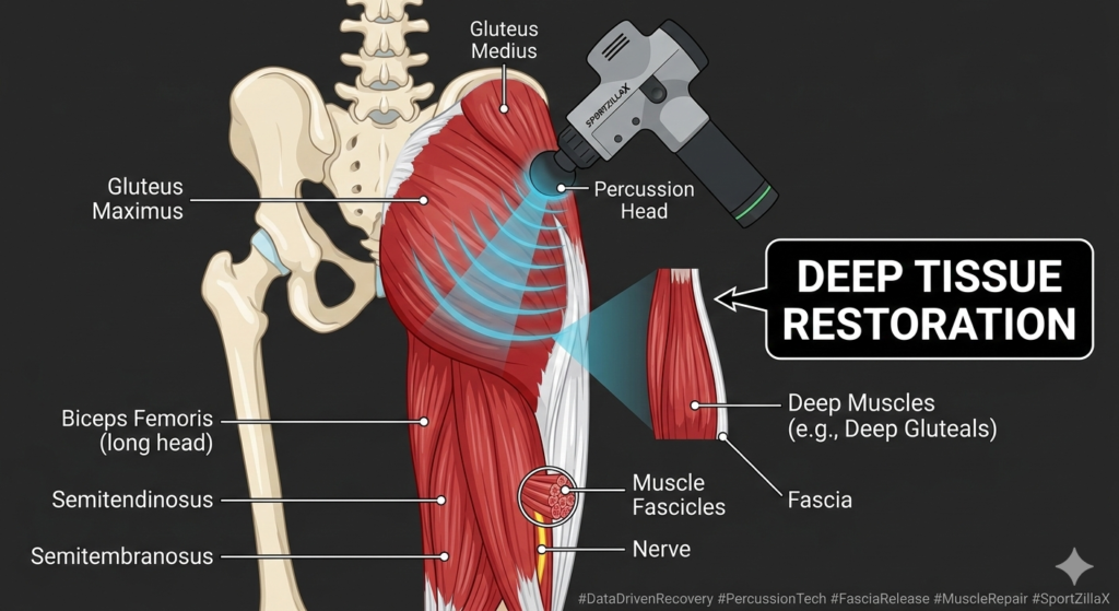 Anatomical map of leg muscles showing percussion waves from a massage gun penetrating deep into the fascia for deep tissue restoration.