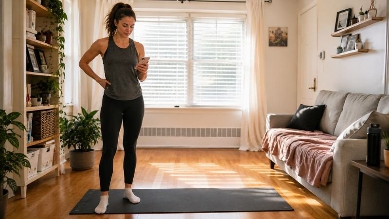 Beginner following a 4-week home workout plan in living room with no equipment