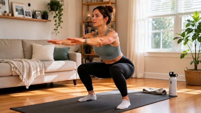 Beginner woman doing bodyweight squat during week 1 of home workout plan