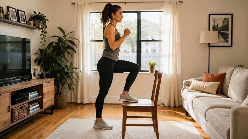 Woman doing step-up exercise on chair during week 3 of beginner home workout plan