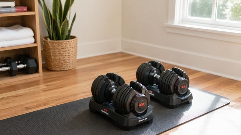 Best adjustable dumbbells placed on a yoga mat in a home gym setup