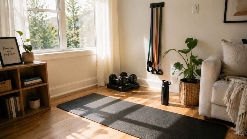 Essential budget home gym equipment: resistance bands, yoga mat, and jump rope on floor