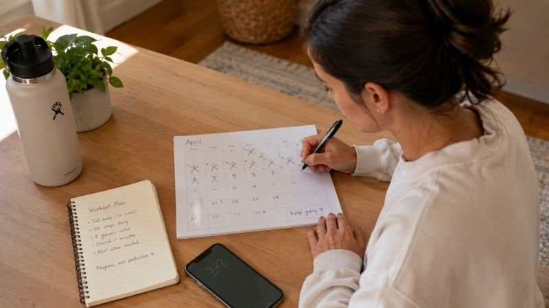 Woman marking workout days on calendar building consistent home exercise habit