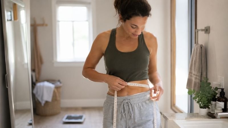 Woman measuring waist to track fat loss progress instead of just using scale