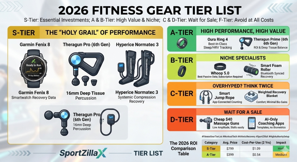A visual tier list for 2026 fitness gear ranking products like Garmin Fenix 8 and Theragun Pro from S-Tier to F-Tier based on performance.