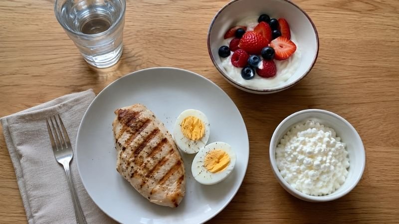 High protein meal with chicken, eggs and Greek yogurt for fat loss and muscle preservation