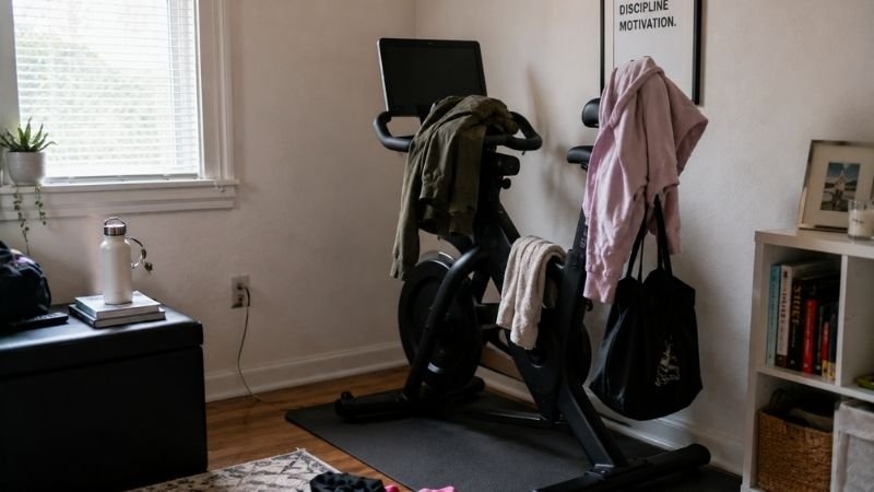 Unused treadmill or exercise equipment becoming a clothes rack showing common home gym mistake